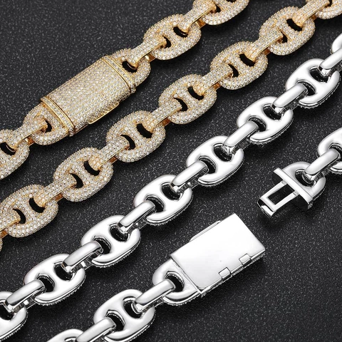 Ensemble de Bijoux Maillon Marine Iced Out Cuivre Zircone Chaîne Nez de Porc Collier Et Bracelet Hip Hop Streetwear Homme Femme