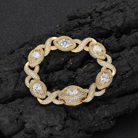 Bracciale Hip Hop Infinity Malocchio Cuban Link per Uomo con Zirconia Intarsiata in Rame Placcato Oro 18K Gioielli Iced Out