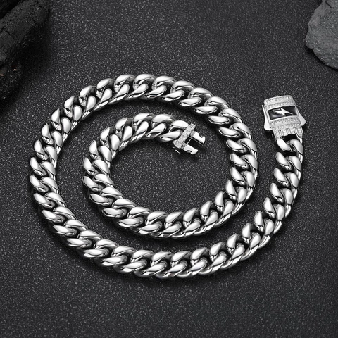 Collana Hip Hop a Maglia Cubana in Acciaio Inossidabile Con Chiusura a Molla in Zircone a Fulmine Gioielli Iced Out per Uomo Donna