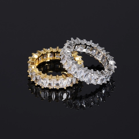 Hip Hop Eternity Ring Copper AAA Cubic Zirconia Baguette Cut Band Ring For Men Women Iced Out Party Jewelry