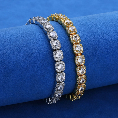 Luxury Hip Hop Iced Out Zirconia Bracelet Men Square Halo Link Copper Gold Plated Wrist Chain Streetwear Jewelry Accessory
