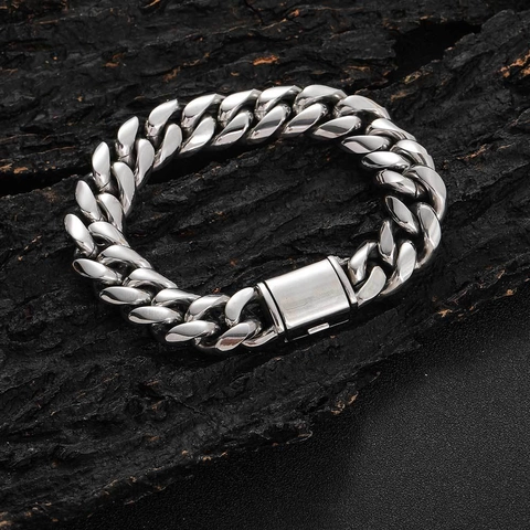 Pulsera de Eslabón Cubano de Acero Inoxidable Hip Hop para Hombre Pulsera de Cadena Pulida Con Cierre de Caja Joyería