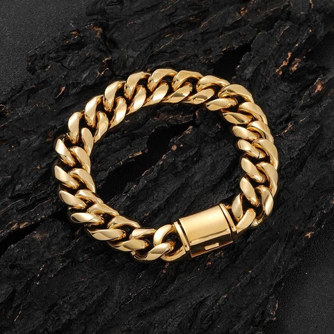 Pulsera de Eslabón Cubano de Acero Inoxidable Hip Hop para Hombre Pulsera de Cadena Pulida Con Cierre de Caja Joyería