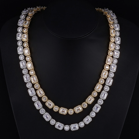 Hip Hop Iced Out Copper Zirconia Necklace Bracelet 10mm Square Round CZ Chain Set For Men Women Luxurious Electroplated Jewelry