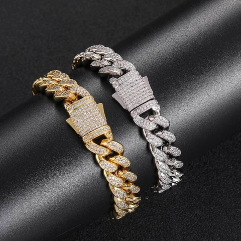 Herren Hip Hop 12mm Doppelreihig Zirkonia Panzerkette Halskette Armband Schmuckset Kupfer Vergoldet Iced Out Schmuck