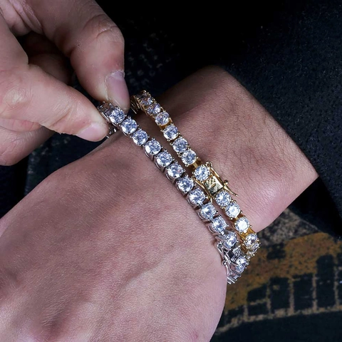 Pulsera de Tenis Hip Hop Iced Out Hombre Cobre Bañado en Oro 18K Zirconia Joyería de Piedras Redondas Regalo