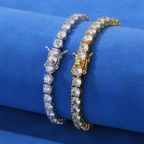Pulsera de Tenis Hip Hop Iced Out Hombre Cobre Bañado en Oro 18K Zirconia Joyería de Piedras Redondas Regalo