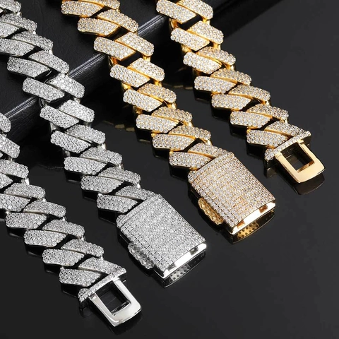 Set Gioielli Hip Hop Pesante Rame Zirconia Rombo Maglia Cubana Ghiacciato Pave Collana Bracciale per Uomo Accessori di Tendenza