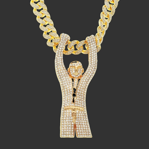 Collana con Ciondolo Persona Che Esulta Iced Out in Lega con Strass Catena Cubana Gioielli Hip Hop per Uomo Donna