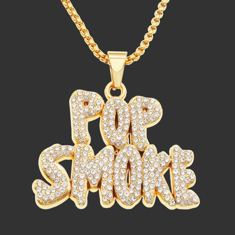 Collar de Hip Hop con Colgante de Letra Pop Smoke de Aleación y Diamantes de Imitación para Hombre Oro Plata Cadena de Caja Joyería