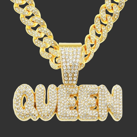 Hip Hop Iced Out Queen Buchstabe Anhänger Halskette Für Herren Damen Legierung Strass Panzerkette Mode Schmuck Zubehör