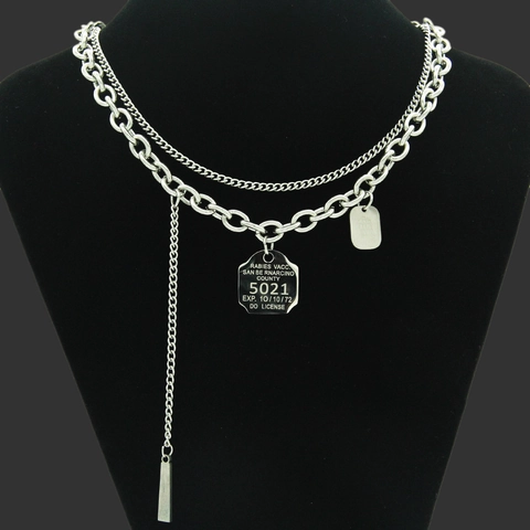 Industrie Doppel Lage Edelstahl Legierung Erkennungsmarke Anhänger Halskette Silber Mehrlagig Streetwear Grunge Schmuck
