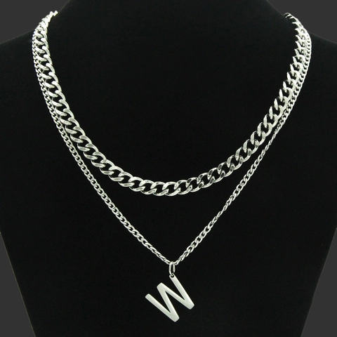 Collana Hip Hop a Doppio Strato con Ciondolo Lettera W in Acciaio al Titanio Catena Cubana Argento Gioielli Streetwear Donna