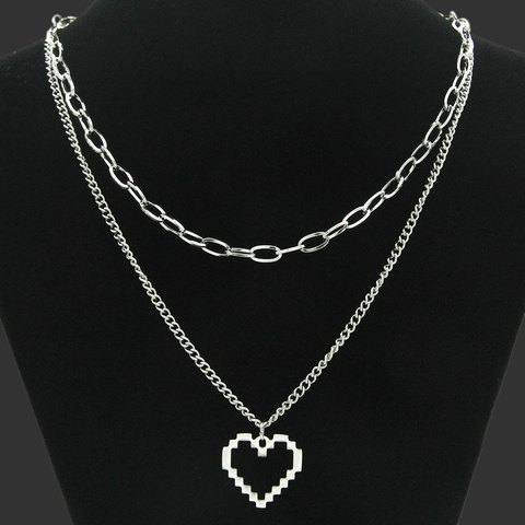 Doppelschichtige Edelstahl Halskette Mit Hohl Pixel Herz Anhänger Silber Büroklammer Schlüsselbein Schmuck Damen Herren