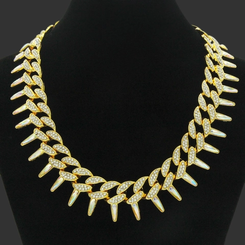 Collar de Cadena Cubana Hip Hop de Lujo Con Picos Iridiscentes AB Aleación Diamantes de Imitación Cadena de Eslabones para Hombres Punk Streetwear Joyería