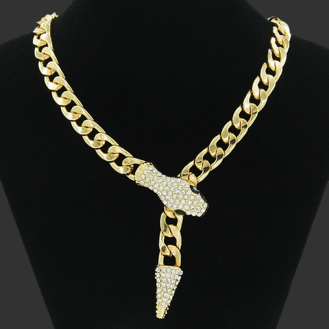 Hip Hop Snake Pendant Rhinestone Necklace Zinc Alloy Iron Cuban Link Chain For Women Street Style Jewelry