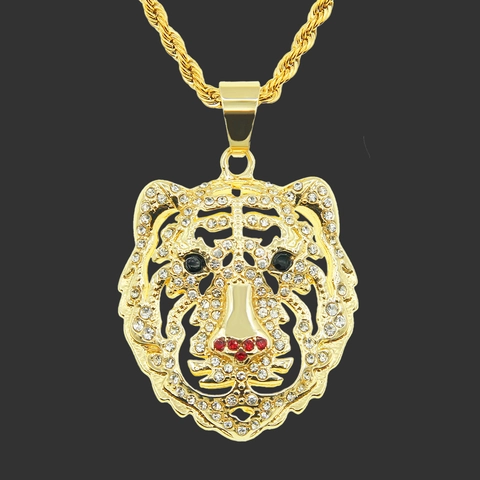 Hip Hop Tiger Head Pendant Necklace Alloy Rhinestone Animal Inlaid Zinc Alloy Pendant Stainless Steel Rope Chain For Men Party Cool Jewelry