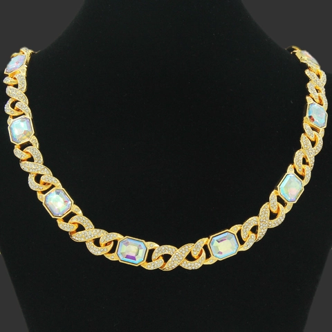 Hip Hop Collana Bracciale Maglia Cubana da Uomo in Lega Strass Fibbia Infinito Pietra Quadrata Iridescente Colore AB Gioielli