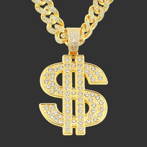 Collar con Colgante de Signo de Dólar Hip Hop Iced Out para Hombre Bling Strass Aleación Cadena Cubana Oro Plata Punk Joyería