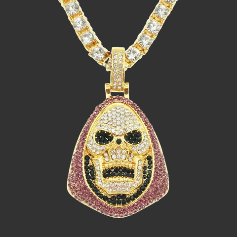 Collana Hip Hop con Ciondolo a Teschio per Uomo in Lega con Strass Stile Skeletor Gioielli Gotici Ciondolo con Catena Tennis