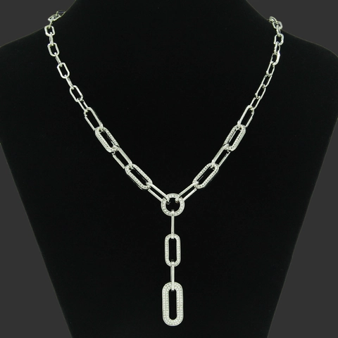 Elegant Alloy Rhinestone Y-Shaped Paperclip Chain Necklace For Women Fashion Silver Tone Inlaid Stone Long Sweater Chain