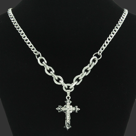 Punk Titaniumstaal Zinklegering Kruis Hanger Halsketting Cubaanse Ketting Strass Ingelegde Hip Hop Sieraden Cadeau