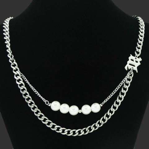 Collana Doppio Strato Lettera B Gotica Donna Street Punk Acciaio al Titanio Catena Cubana Perle Artificiali Pendente Gioielli