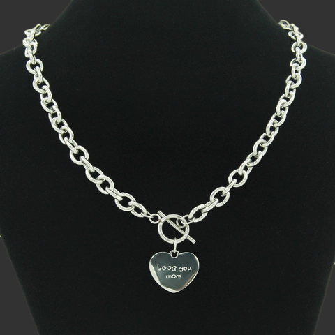 Edelstahl Herz Anhänger Halskette Für Damen Silberfarben Graviert Love You More Knebelverschluss Grobe O-Kette Punk Schmuck