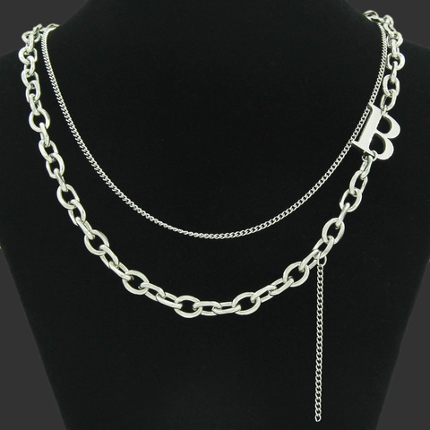 Edelstahl Doppelschichtige Panzerkette Mit Buchstaben-B-Anhänger Silber Punk Streetwear Schmuck Für Damen Geschenk
