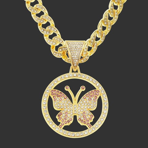 Iced Out Schmetterling Anhänger Halskette Strass Zinklegierung Hohl Hip Hop Street Bling Mode Damen Schmuck Zubehör