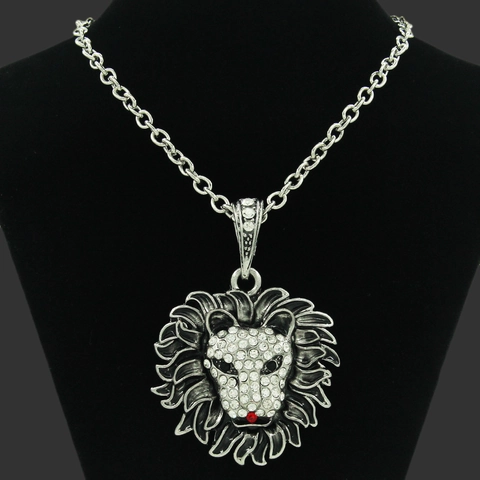 Collar con Colgante de Cabeza de León Hip Hop Aleación de Zinc Chapada en Plata Antigua Cadena de Hierro Strass Streetwear