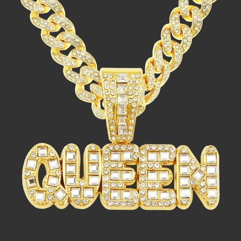 Hip Hop Iced Out Queen Letter Pendant Necklace For Men Alloy Rhinestone Gold Silver Cuban Link Chain Street Jewelry Gift