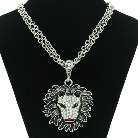 Collar con Colgante de Cabeza de León Hip Hop Aleación de Zinc Chapada en Plata Antigua Cadena de Hierro Strass Streetwear