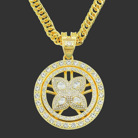 Collana Hip Hop di Lusso in Lega Con Ciondolo a Fiore a Quattro Petali Rotante Strass Interi Catena Cubana Oro Argento Gioielli