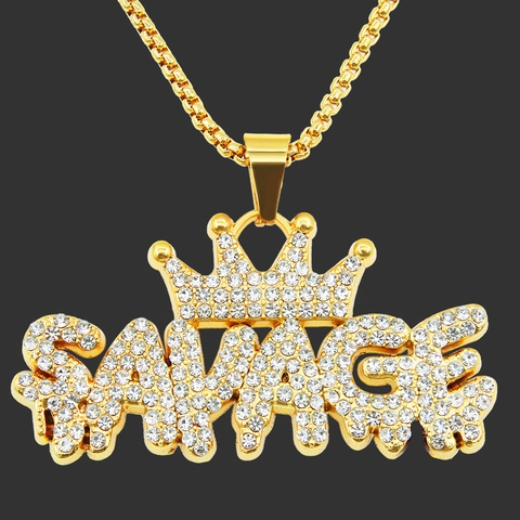 Hip Hop Legering Strass Savage Letter Kroon Hanger Ketting Lange Goud Zilver Streetwear Box Ketting Sieraden Voor Mannen Vrouwen