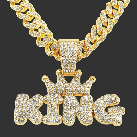Hip Hop Alloy Pave Rhinestone KING Letter Crown Pendant Necklace With Cuban Link Chain Sparkling Street Fashion Jewelry