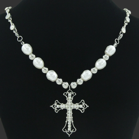 Damen Retro Barock Hohle Kreuz Anhänger Perlenkette Legierung Strass Eingelegt Gothic Hip Hop Schmuck Schlüsselbein Kette Geschenk