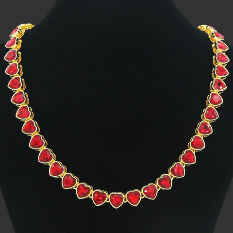 Collana Bracciale Maglia Cubana Hip Hop Lega Pavé di Strass Pendente a Cuore Rosso Gioielli Iced Out per Festa Uomo Donna