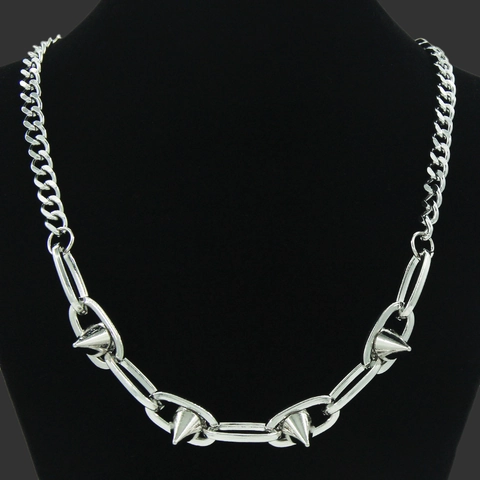 Punk Rock Stainless Steel Spike Rivet Cuban Link Chain Necklace For Men Women Hip Hop Gothic Silver Necklaces Jewelry