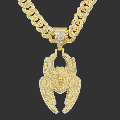 Collana con Ciondolo a Forma di Ragno Hip Hop da Uomo Lega Placcata Oro Argento Strass Iced Out Catena Cubana Gioielli Streetwear