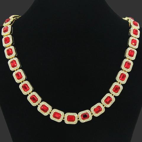 Lussuosa Collana Hip Hop Uomo Con Gemma Rossa Rettangolare Oro Argento Strass Catena Cubana Bracciale Gioielli Per Festa