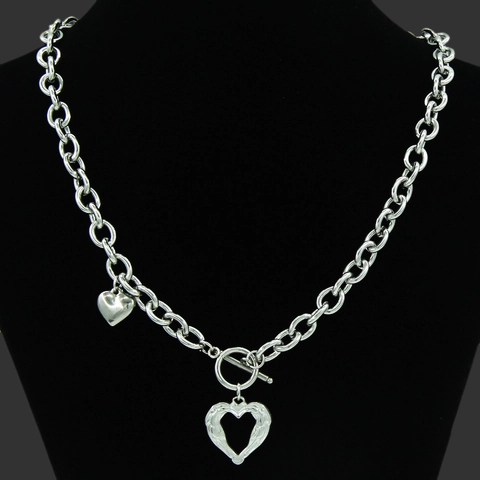 Punk Edelstahl Doppel Herz Anhänger Halskette Für Damen Knebelverschluss Silber Schwere Kette Choker Mode Schmuck Geschenk