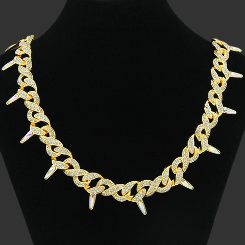 Collar de Cadena de Eslabones Cubanos con Diamantes Aleación de Zinc Strass Espinas Picos Joyas Hip Hop para Hombre Mujer Fiesta