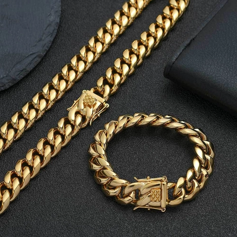 Set di Gioielli con Catena a Maglia Cubana in Acciaio Inossidabile Hip Hop per Uomo Donna Collana Bracciale Color Oro Argento