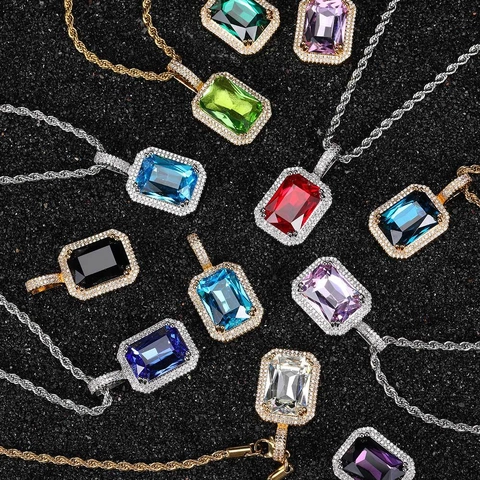 Hip Hop Kupfer Zirkonia Anhänger Halskette Für Herren Damen Iced Out Bling Seilkette Smaragdschliff Edelstein Rechteck Schmuck Geschenk