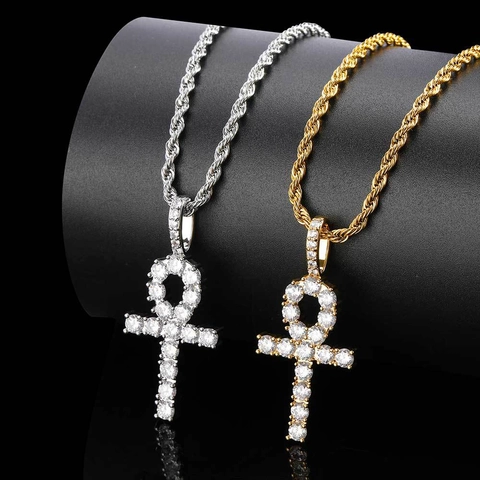 Hip Hop Kleine Ankh Kruis Hanger Halsketting Voor Heren Dames Koper Micro Ingelegde Zirconia Goud Zilver Verguld Touwketting Sieraden