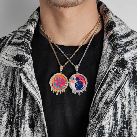 Collier Pendentif Cadre Photo Goutte Ronde Hip Hop Zirconia Cuivre Plaqué Or Chaîne Torsadée Bijoux Iced Out