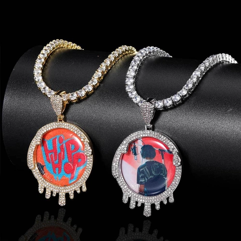 Collier Pendentif Cadre Photo Goutte Ronde Hip Hop Zirconia Cuivre Plaqué Or Chaîne Torsadée Bijoux Iced Out