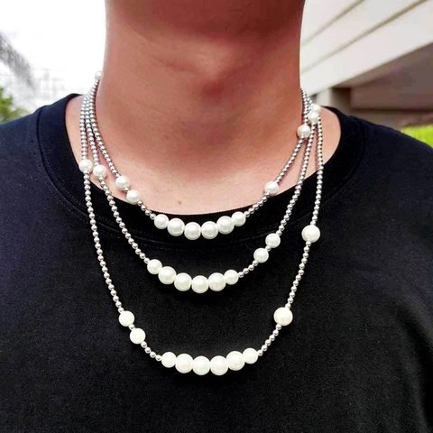 Hip Hop Edelstahl Perle Gemischt Halskette Und Armband Für Unisex Weiße Glasperlen Silberne Stahlkugeln Punk Schmuck