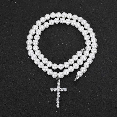 Collana Unisex Con Pendente a Croce Hip Hop Catena di Künstliche Perle di Vetro Bianche Con Strass Trasparenti Gioielli per Feste